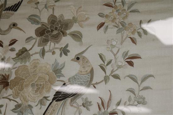 A Chinese embroidered silk bird panel width 60cm height 56cm